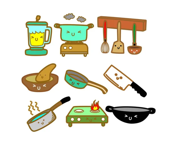 Set Kitchen Related Object Kawaii Doodle Style Artline Vector — Vector de stock