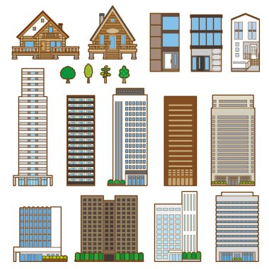 Çeşitli binaların vektör çizimi. Binanın ön görüntüsü.