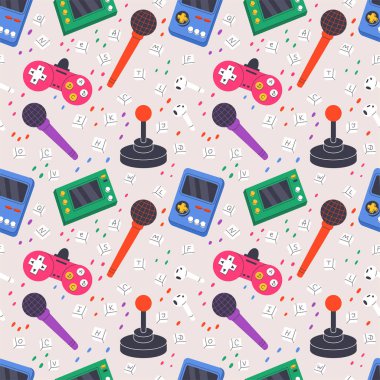 Oyun ve medya aygıtlarının kusursuz şablonu. Kontrolörler, mikrofonlar ve retro konsollar. Modern VR gözlükleri ve joystickler. Dağınık klavye tuşları ve renkli ayrıntılara sahip arkaplan.