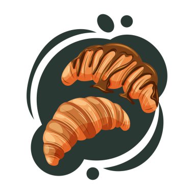 Vektör kruvasan seti: sade ve çikolata soslu. Fransız hamur işi kahvaltı besin çizimi. Vektör illüstrasyonu