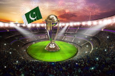 Karaçi, Pakistan, 12 Ekim. Pakistan Icc Kriket Dünya Kupası 2023 bayrakları. Ödül kutlaması stadyumu 3D resimli..