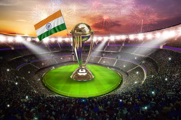 stock image Karachi, Pakistan, India Icc Cricket world cup 2023 flags with trophy celebration stadium 3d rendering illustration.