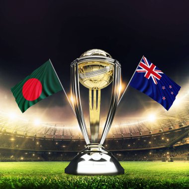 Icc Kriket Dünya Kupası 2023 bayrakları. Kupa kutlama stadyumu 3D resimli..