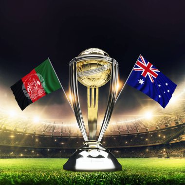 Icc Kriket Dünya Kupası 2023 bayrakları. Kupa kutlama stadyumu 3D resimli..