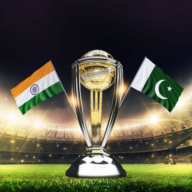 Icc Kriket Dünya Kupası 2023 bayrakları. Kupa kutlama stadyumu 3D resimli..