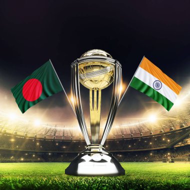 Icc Kriket Dünya Kupası 2023 bayrakları. Kupa kutlama stadyumu 3D resimli..