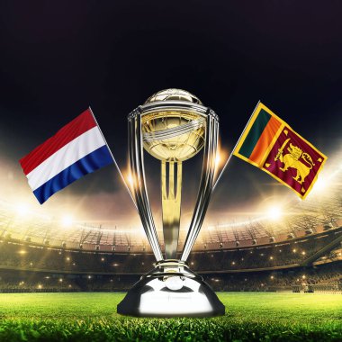 Icc Kriket Dünya Kupası 2023 bayrakları. Kupa kutlama stadyumu 3D resimli..