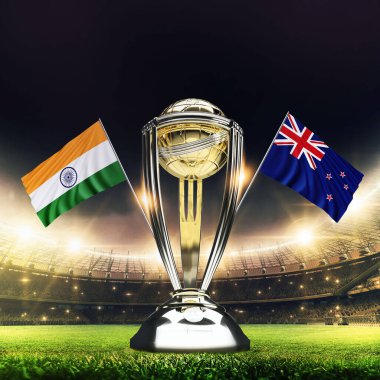 Icc Kriket Dünya Kupası 2023 bayrakları. Kupa kutlama stadyumu 3D resimli..