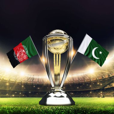 Icc Kriket Dünya Kupası 2023 bayrakları. Kupa kutlama stadyumu 3D resimli..