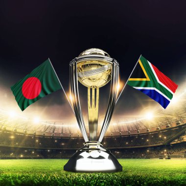 Icc Kriket Dünya Kupası 2023 bayrakları. Kupa kutlama stadyumu 3D resimli..