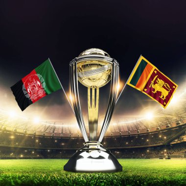 Icc Kriket Dünya Kupası 2023 bayrakları. Kupa kutlama stadyumu 3D resimli..