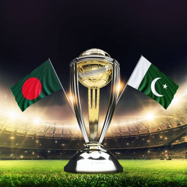 Icc Kriket Dünya Kupası 2023 bayrakları. Kupa kutlama stadyumu 3D resimli..