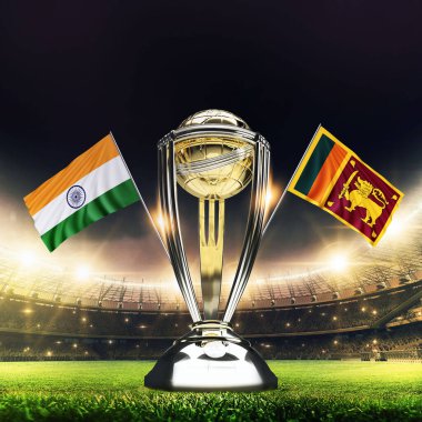 Icc Kriket Dünya Kupası 2023 bayrakları. Kupa kutlama stadyumu 3D resimli..