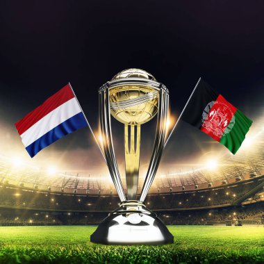 Icc Kriket Dünya Kupası 2023 bayrakları. Kupa kutlama stadyumu 3D resimli..