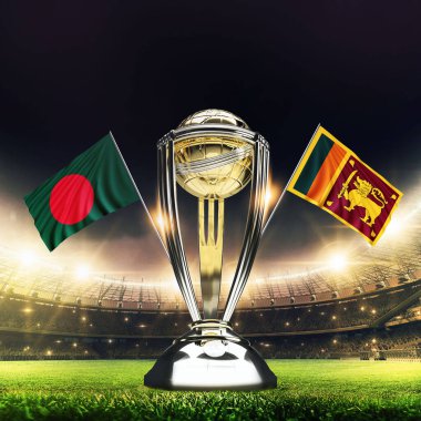 Icc Kriket Dünya Kupası 2023 bayrakları. Kupa kutlama stadyumu 3D resimli..