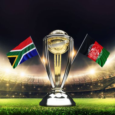 Icc Kriket Dünya Kupası 2023 bayrakları. Kupa kutlama stadyumu 3D resimli..