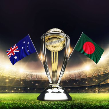 Icc Kriket Dünya Kupası 2023 bayrakları. Kupa kutlama stadyumu 3D resimli..