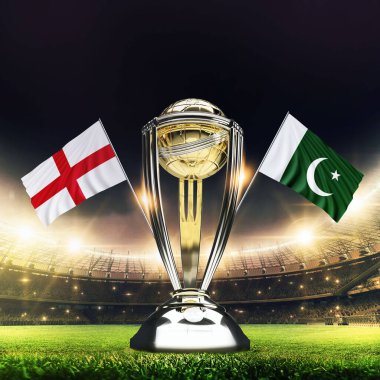 Icc Kriket Dünya Kupası 2023 bayrakları. Kupa kutlama stadyumu 3D resimli..