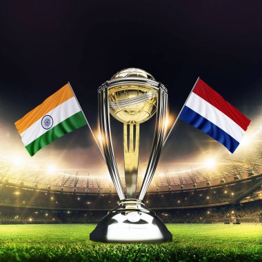 Icc Kriket Dünya Kupası 2023 bayrakları. Kupa kutlama stadyumu 3D resimli..