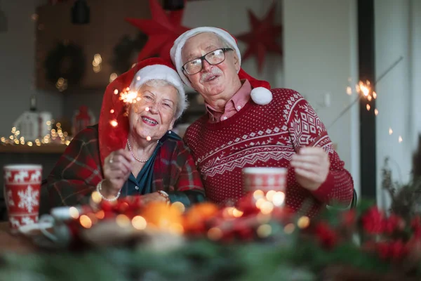 Happy Senior Couple Celebrating New Year Eve Sparklers — Stock Photo, Image