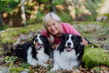 Ormanda yaşlı bir kadının köpekleriyle portresi..