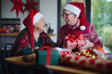 Yaşlı çift Noel 'i kutluyor, birbirlerine hediyeler veriyorlar..
