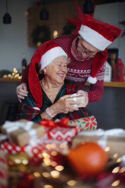 Yaşlı çift Noel 'i kutluyor, birbirlerine hediyeler veriyorlar..