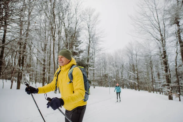 stock image Senior man doing cross country skiing in front of a snowy forest.