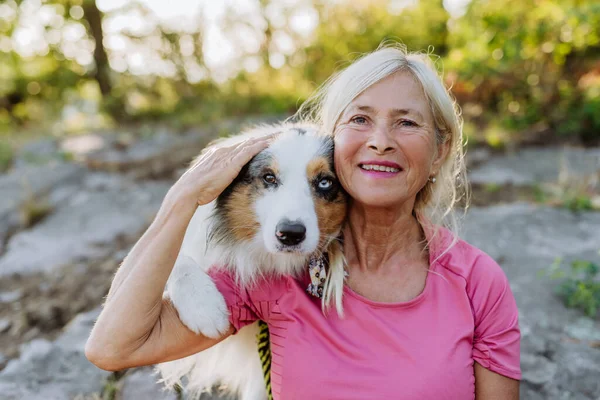 Портрет Пожилой Женщины Собакой Лесу — стоковое фото