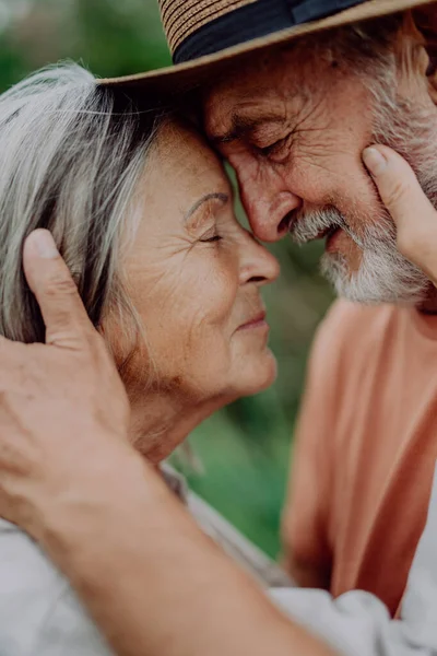 Porträt Eines Verliebten Senioren Paares Das Draußen Der Natur Steht — Stockfoto