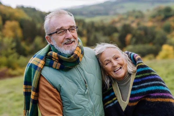 Senior Couple Love Huging Each Other Autumn Forest — Stock Photo, Image