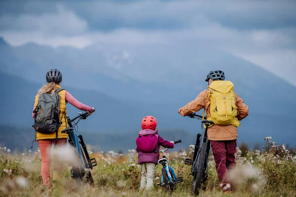 Vista Trasera Familia Con Niño Pequeño Las Bicicletas Medio Naturaleza —  Fotos de Stock