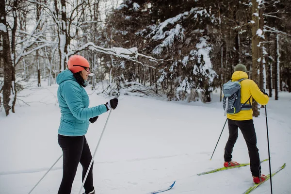 Senioren Paar Beim Gemeinsamen Skifahren Mitten Verschneiten Wald — Stockfoto