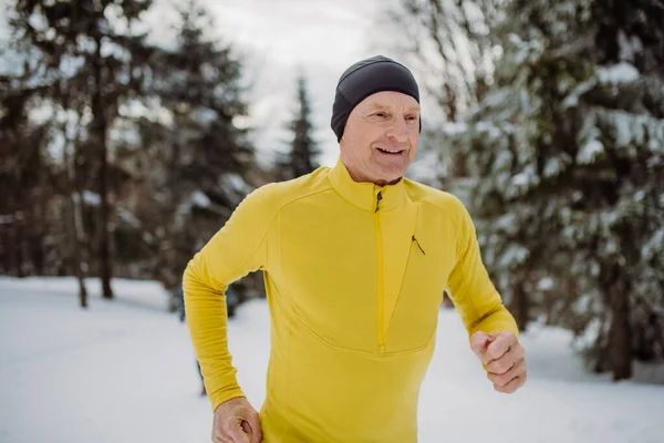 Senior Man Solo Jogging Winter Nature — Stock Photo, Image