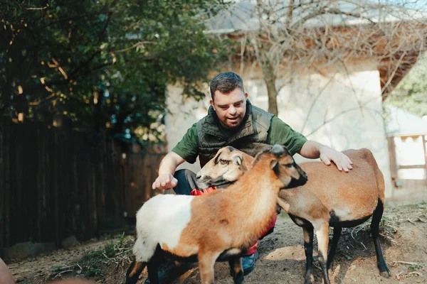 Opiekun Zespołem Downa Zajmujący Się Zwierzętami Zoo Głaskający Kozy Pojęcie — Zdjęcie stockowe