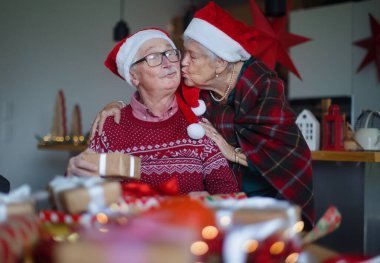 Yaşlı çift Noel 'i kutluyor, birbirlerine hediyeler veriyorlar..