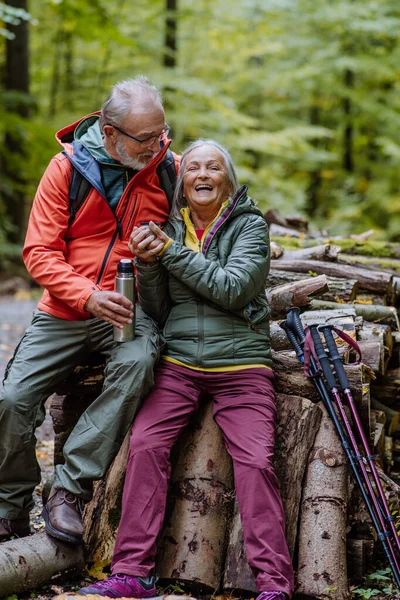 Seniorenpaar Macht Pause Beim Wandern Herbstwald — Stockfoto