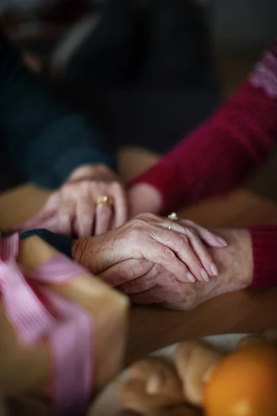 High Angle View Seniors Couple Hands Holding Each Other Christmas — Stock Photo, Image