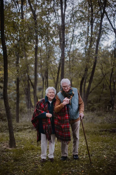 Seniorenpaar Wandert Gemeinsam Der Herbstlichen Natur — Stockfoto