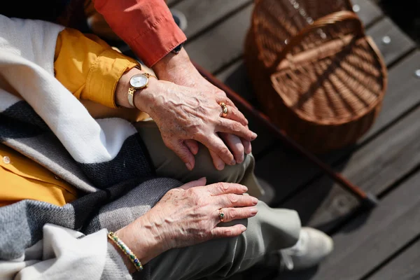 Top View Seniors Holding Hands Having Romantic Moment Autumn Picninc — Stock Photo, Image