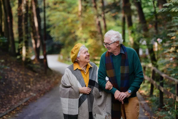 快乐的老两口穿着秋天的衣服在公园里散步 — 图库照片