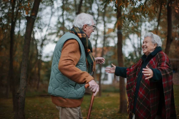 Старшие Пары Встречают Друг Друга Осенью Природе — стоковое фото