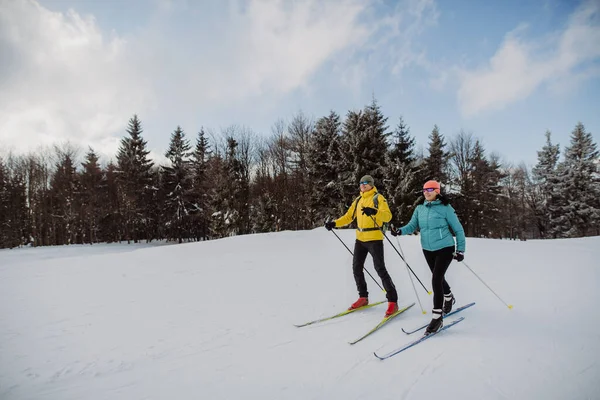 Pareja Mayor Esquiando Juntos Medio Bosque Nevado — Foto de Stock