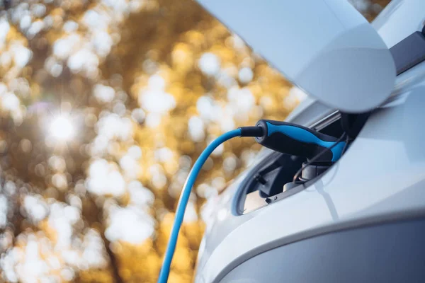 Yüklü Elektrikli Araba Sürdürülebilir Ulaşım Konsepti Düşük Açı Görünümü — Stok fotoğraf