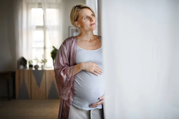 Ευτυχισμένη Έγκυος Που Χαϊδεύει Την Κοιλιά Της Στο Σπίτι — Φωτογραφία Αρχείου