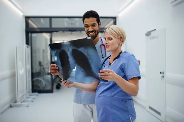 Беременная Врач Проверяет Рентгеновские Снимки Своей Коллегой Коридоре Больницы — стоковое фото