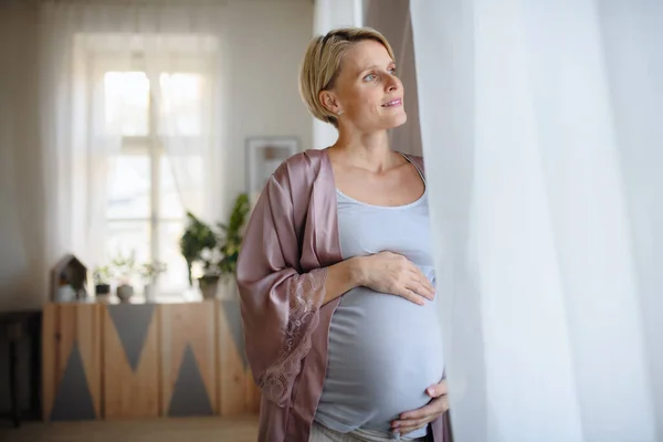 Mujer Embarazada Acariciando Vientre Mirando Por Ventana —  Fotos de Stock