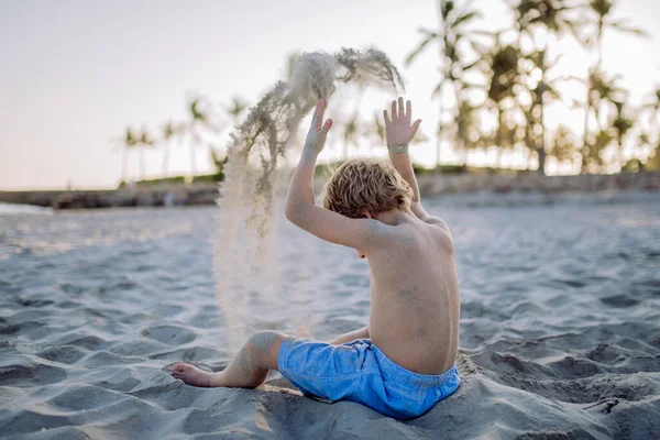 Rear View Little Playful Boy Playing Sand Beach — Stock Photo, Image