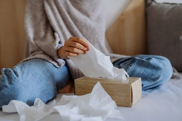 Sick Woman Sitting Bed Having Cold Close Paper Tissues — Stock Photo, Image