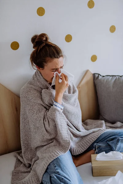 Sick Woman Sitting Bed Having Cold — Stock Photo, Image